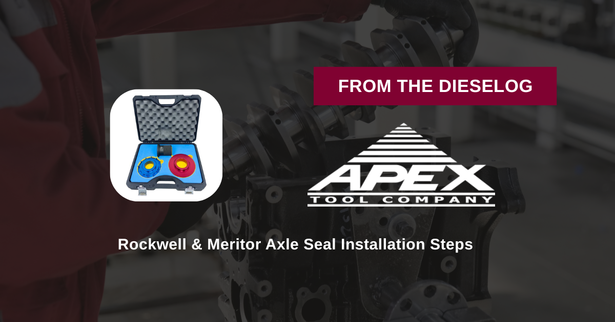 Step-by-step close up layout of heavy-duty commercial truck axle seal driver tools resting on an engine repair bench